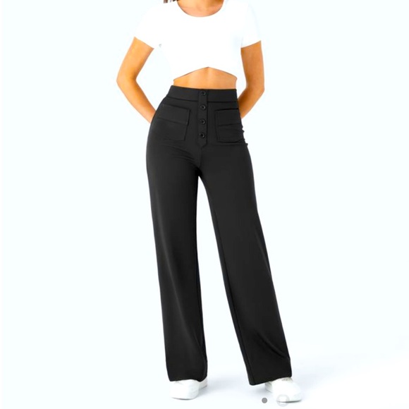 NWT Halara High Waisted Button Multiple Pockets Straight Leg Pant Black S Petite - Picture 2 of 11